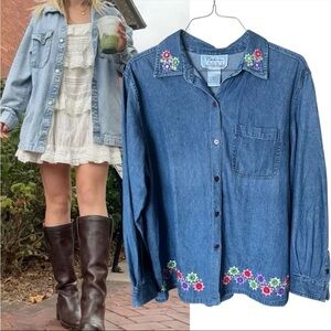 Vintage Options by Delia Burke Embroidered Mirror Denim Button Down Shirt 1X